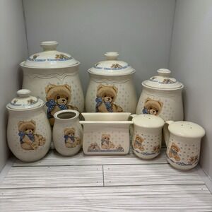 Complete Set Vintage Tienshan Stoneware Country Teddy Bear Canister Jars, Napkin